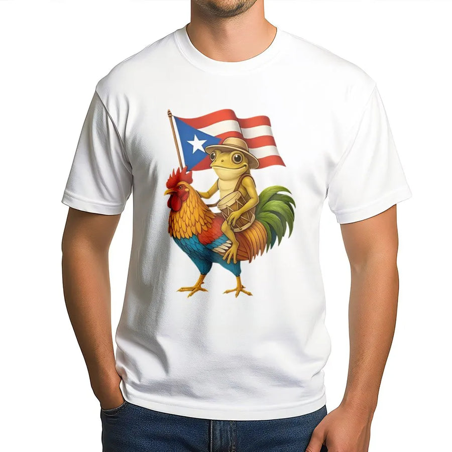 Puerto Rico Coqui Frog T-Shirt | Boricua Rooster Graphic | Premium Cotton Unisex Tee | Puerto Rican Pride Gift for Heritage Enthusiasts