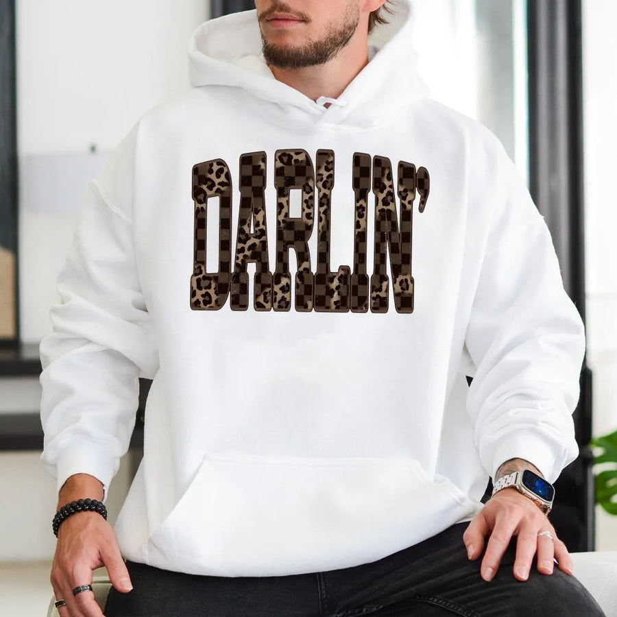 Darlin' Western Hoodie | Leopard & Checkered Graphic Sweatshirt | Premium Cotton-Blend | Southern Cowgirl Gift for Country Music Fans