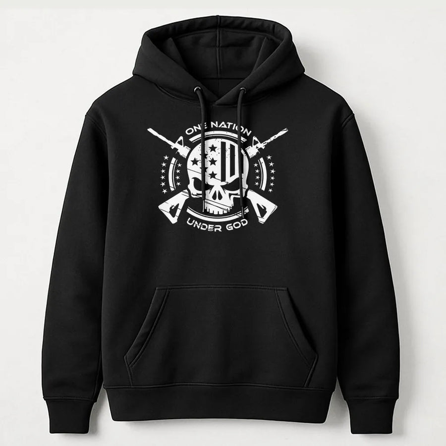 One Nation Under God Hoodie | Patriotic American Flag Skull Graphic | Premium Cotton Blend | Gift for Veterans and Gun Enthusiasts