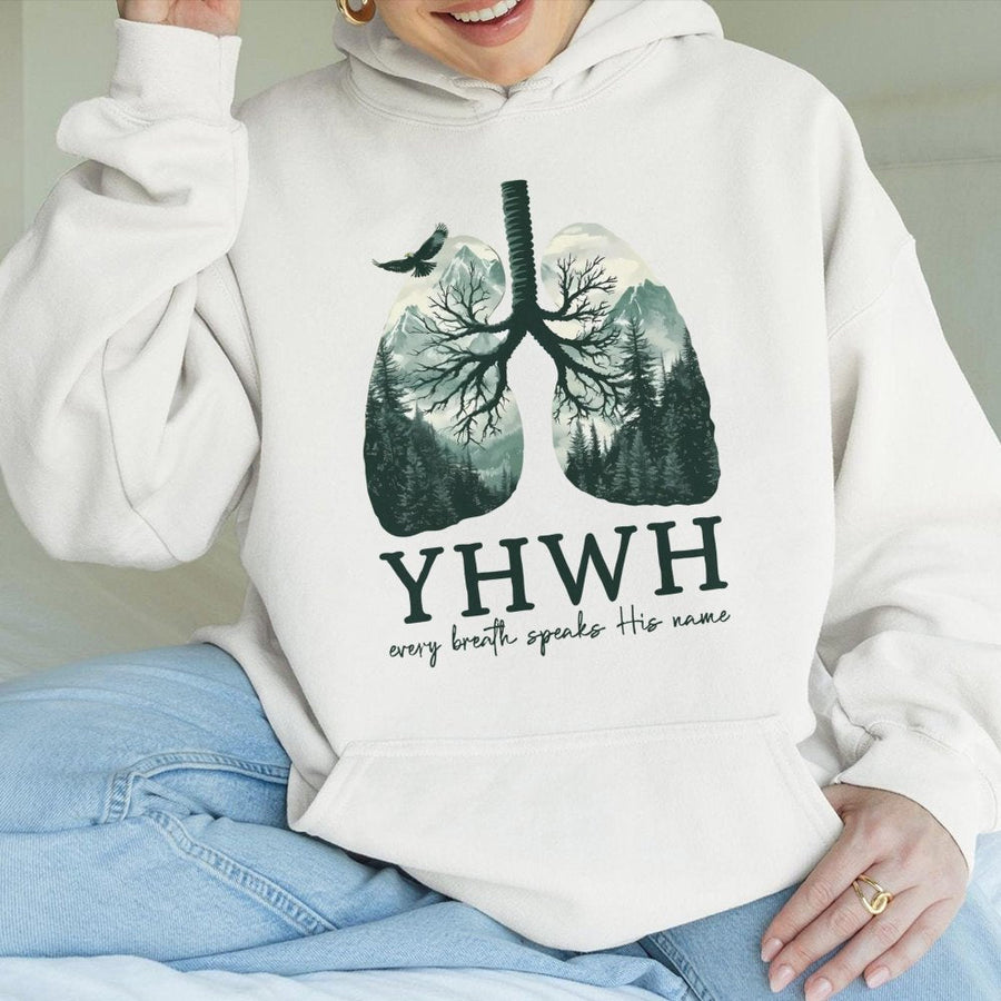 YHWH Lungs Christian Hoodie | Every Breath Speaks His Name Graphic Design | Premium Cotton-Blend Apparel | Faith-Based Religious Gift for Men and Women