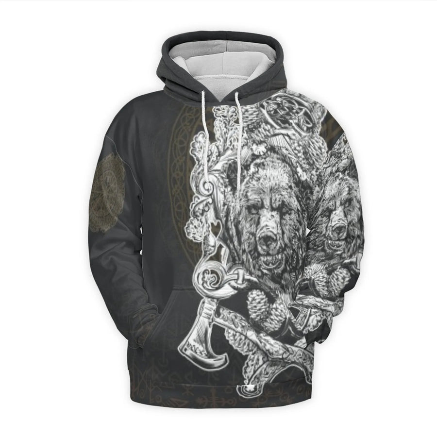 Viking Bear Hoodie | Norse Mythology Graphic With Axes | Premium All-Over Print Fleece | Unisex Norseman Gift For History Lovers