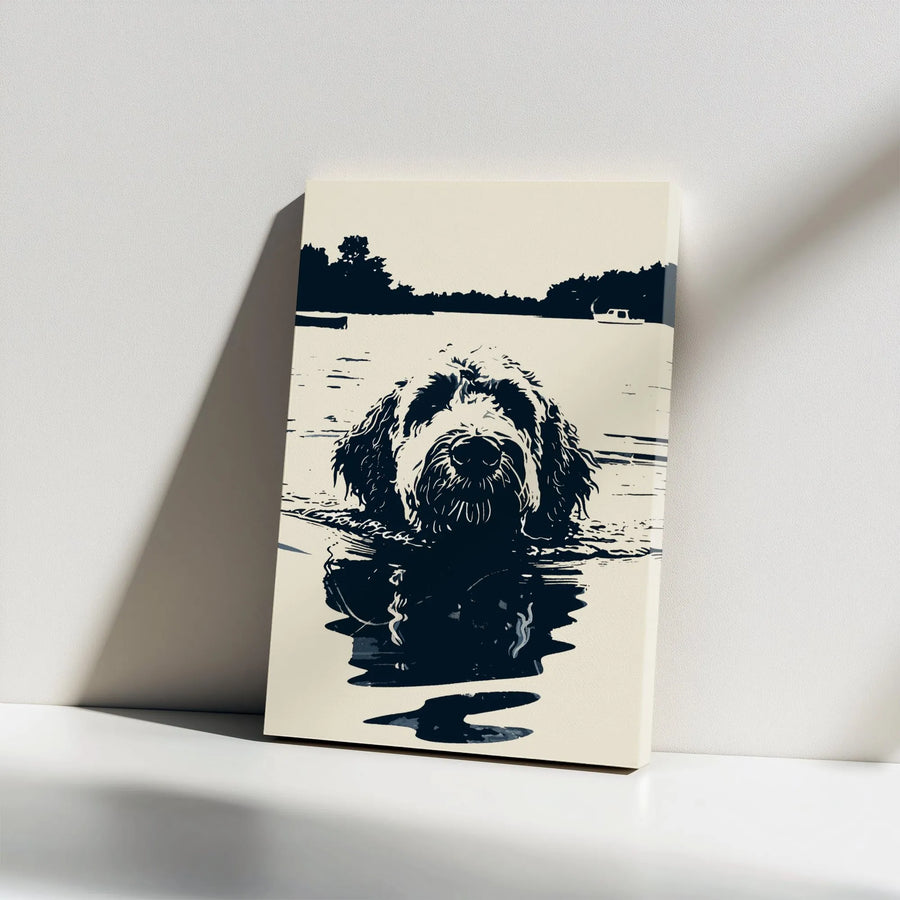 Shaggy Dog Canvas Wall Art | Minimalist Swimming Doodle Design | Premium Gallery Wrap Print | Modern Pet Lover Home Decor Gift