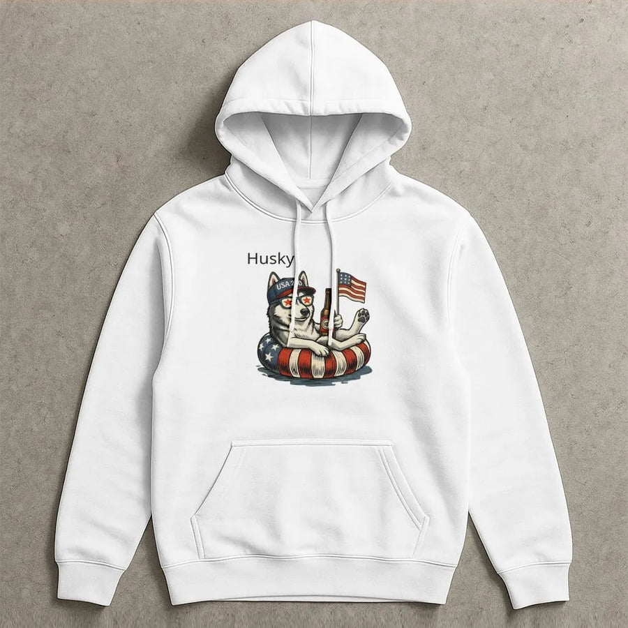 USA 250th Anniversary Husky Hoodie | Funny Patriotic Dog with American Flag | Premium Cotton Blend Sweatshirt | Unisex Gift for Dog Lovers