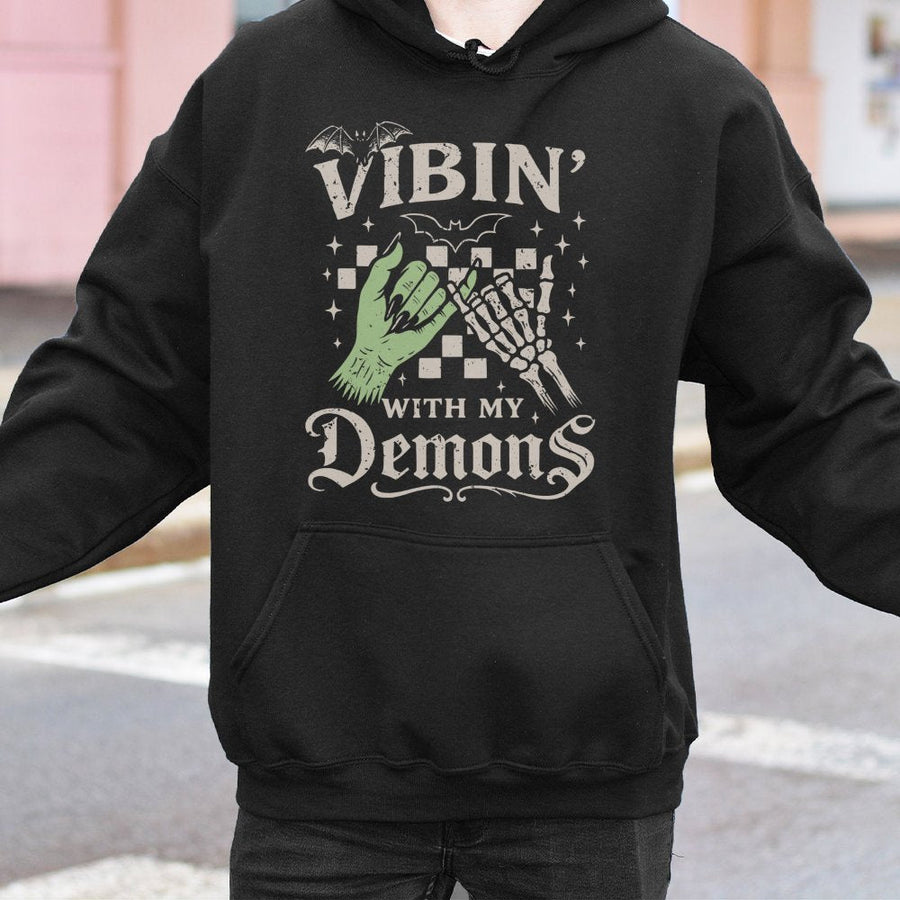 Vibin With My Demons Hoodie | Retro Spooky Halloween Ghost Graphic | Premium Cotton Blend | Funny Witchy Aesthetic Gift for Spooky Season Fans