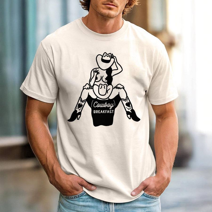 Cowboy Breakfast T-Shirt | Funny Western Cowgirl Pinup Graphic Tee | Premium 100% Cotton Apparel | Unique Gift for Rodeo Lovers & Country Music Fans
