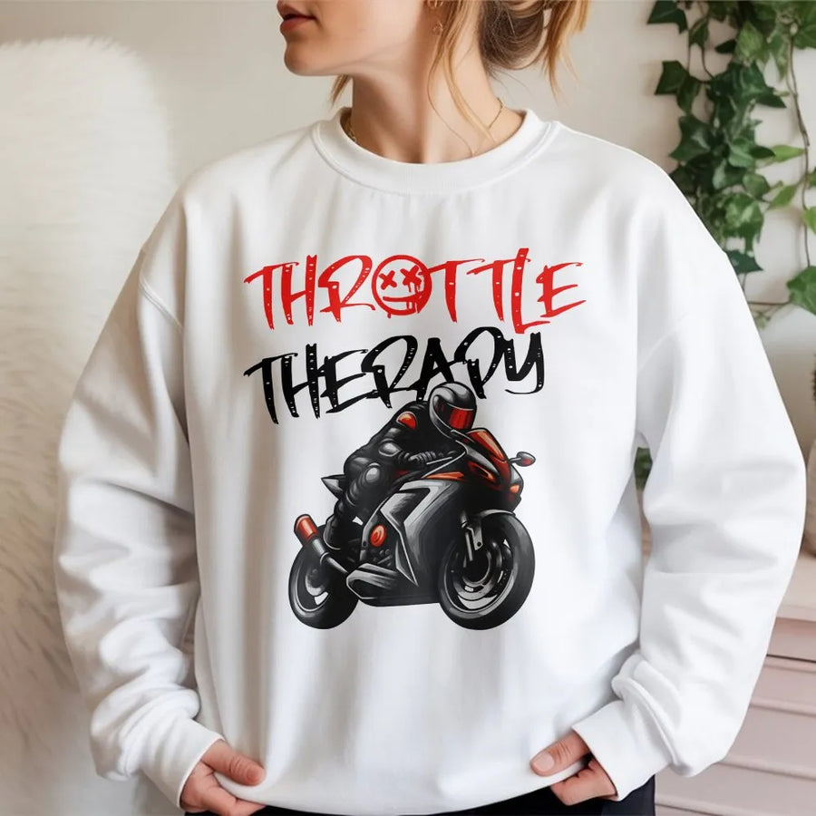 Throttle Therapy Motorcycle Sweatshirt | Biker Graphic Sportbike Design | Cotton Blend Premium Pullover | Gift for Motorcycle Riders and Moto Lovers