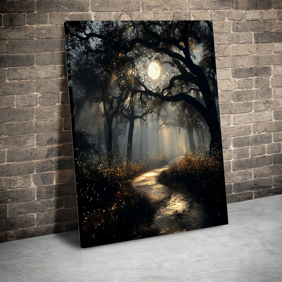 Enchanted Forest Canvas Wall Art | Moonlit Path with Magical Fireflies | Premium Gallery Wrap Canvas | Fantasy Landscape Art for Bedroom or Living Room Decor Gift