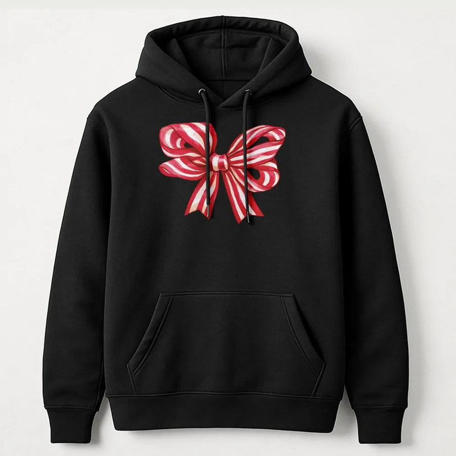 Christmas Bow Hoodie | Red Striped Ribbon Graphic | Premium Cotton Blend | Cozy Holiday Gift for Her