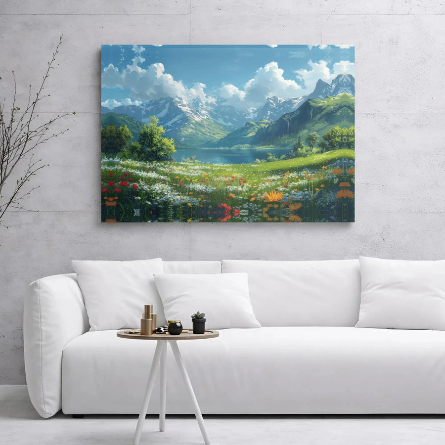 Mountain Lake Canvas Wall Art | Anime Style Wildflower Meadow Landscape | 1.25" Gallery Wrap Premium Print | Nature Gift for Home Office Decor