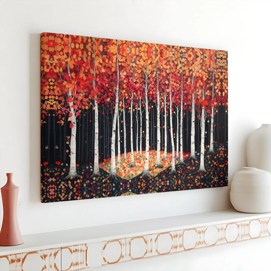 Autumn Birch Tree Forest Canvas | Vibrant Red and Orange Fall Landscape | Premium Gallery-Wrapped Wall Art | Modern Home and Office Decor