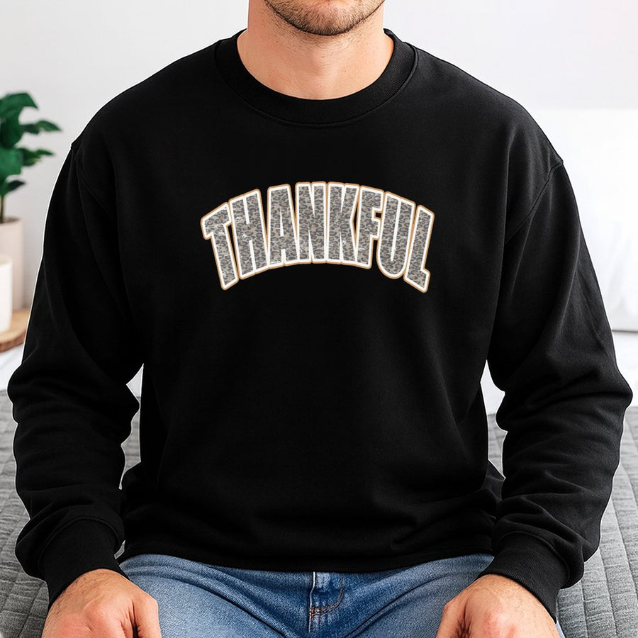 Thankful Sweatshirt | Leopard Print Varsity Letter Design | Premium Cotton Blend | Cozy Thanksgiving Fall Gift for Women