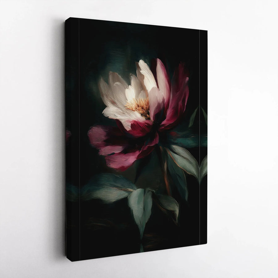 Dark Floral Canvas Wall Art | Dramatic Peony Oil Painting Print | Premium Gallery Wrapped Canvas | Modern Botanical Home Decor Gift