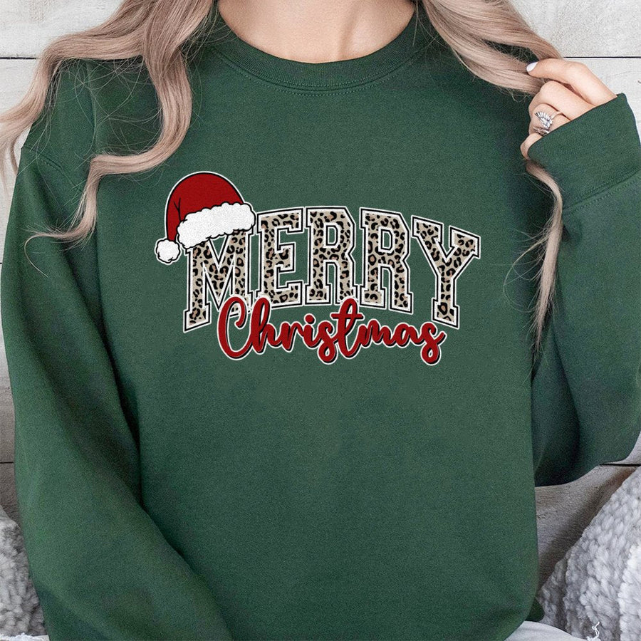 Merry Christmas Leopard Print Sweatshirt | Retro Holiday Santa Hat Graphic | Soft Cotton Blend Unisex Pullover | Festive Winter Gift For Her