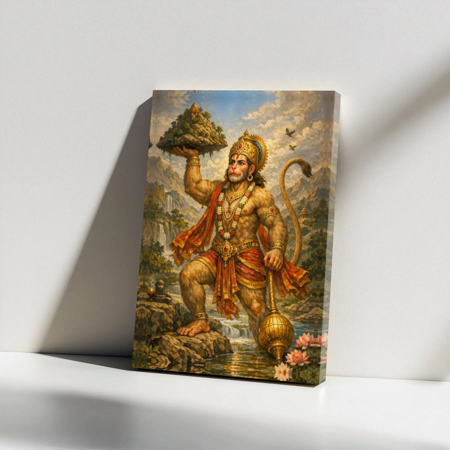 Hanuman Canvas Wall Art | Hindu God Carrying Dronagiri Mountain | Premium High-Resolution Print | Spiritual Gift & Home Decor