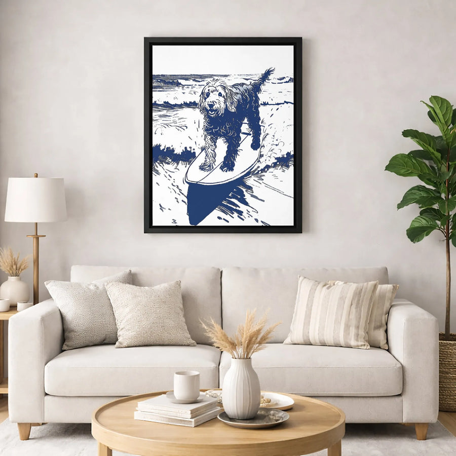 Surfing Goldendoodle Wall Art | Navy Blue Sketch Illustration | Premium Gallery Wrapped Canvas | Coastal Decor Gift for Dog Lovers