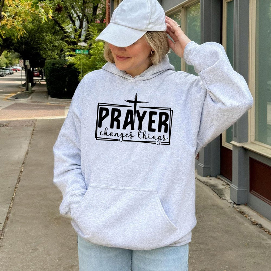 Prayer Changes Things Hoodie | Christian Faith Graphic Cross Design | Premium Cotton-Blend Sweatshirt | Religious Gift for Men and Women