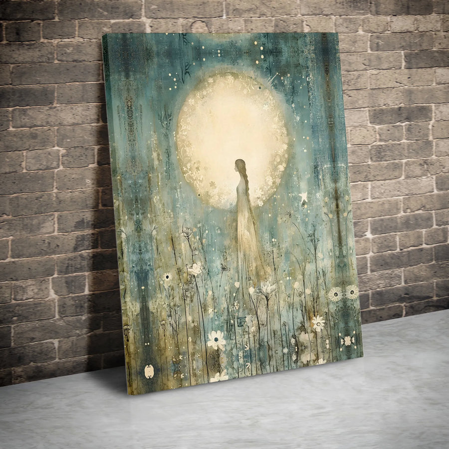 Ethereal Moonlit Meadow Canvas Print | Woman Walking in Wildflowers Wall Art | Gallery-Quality 1.25 Inch Profile | Dreamy Home Decor Gift