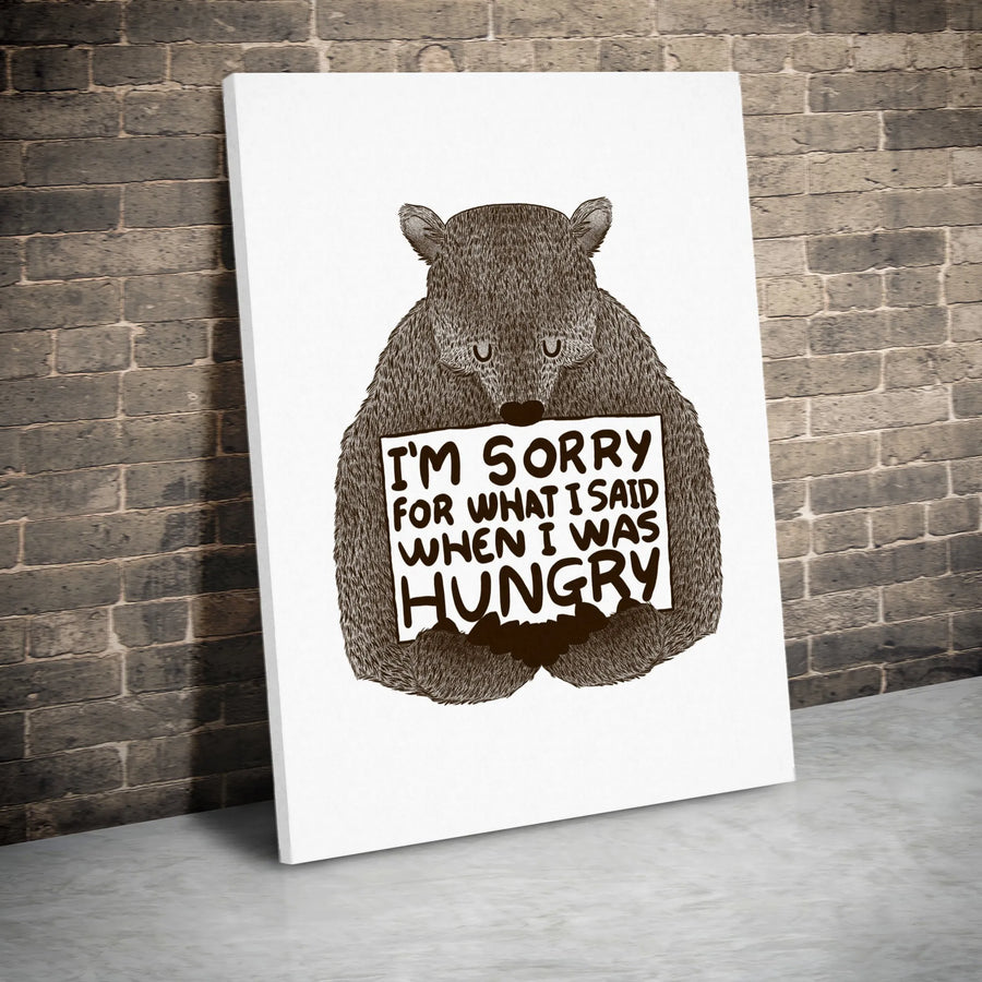 Sorry When Hungry Canvas Print | Funny Bear Quote Wall Art | Premium 1.25" Thick Profile | Unique Kitchen Decor Gift for Foodies