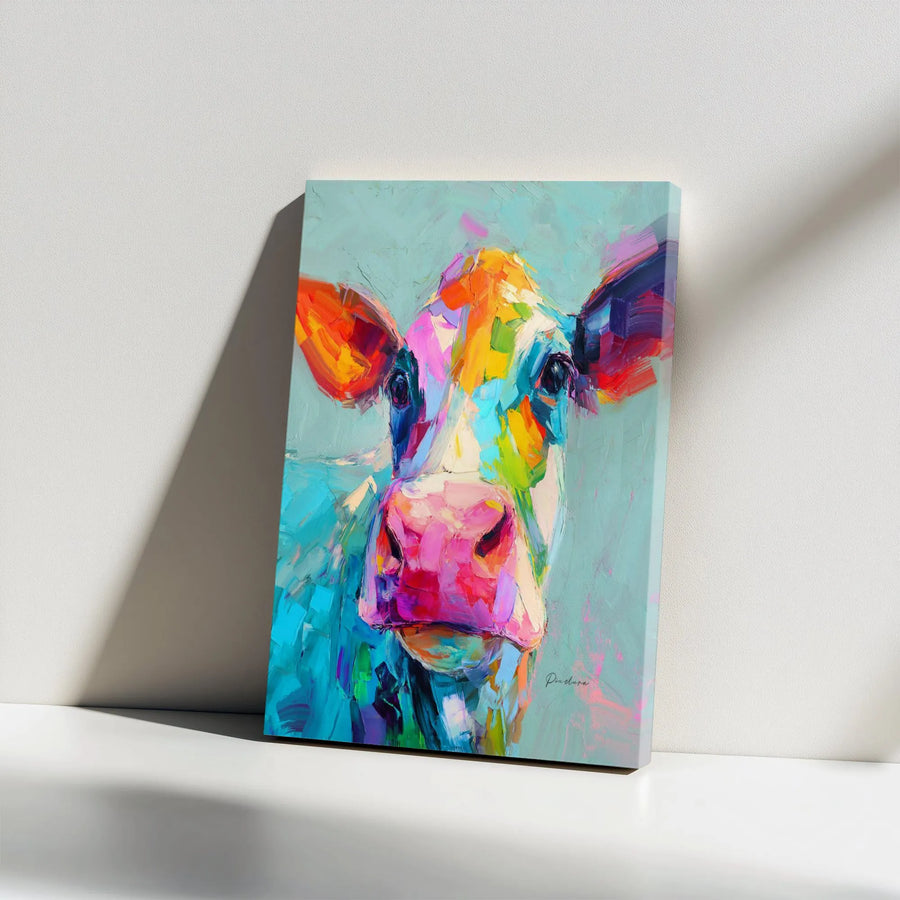 Colorful Abstract Cow Canvas Wall Art | Impasto Farmhouse Animal Print | Gallery Wrapped Premium Quality | Vibrant Decor for Kitchen or Nursery