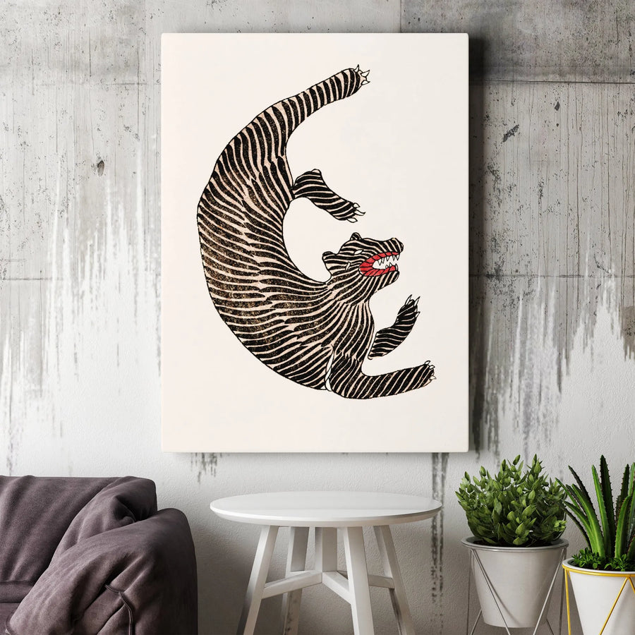 Japanese Tiger Canvas Wall Art | Vintage Woodblock Style Illustration | Premium Gallery Wrapped Print | Unique Home Office Decor Gift