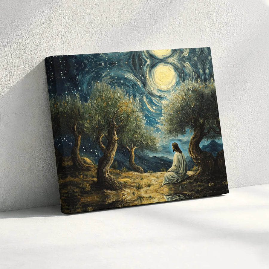Jesus Praying Garden Of Gethsemane Canvas Art | Starry Night Impressionist Style | Premium 1.25" Gallery Wrap | Spiritual Christian Home Decor Gift