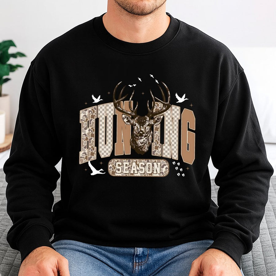 Hunting Season Sweatshirt | Camo Deer and Duck Graphic | Cotton Blend Premium Crewneck | Outdoorsy Gift for Hunters Men and Women
