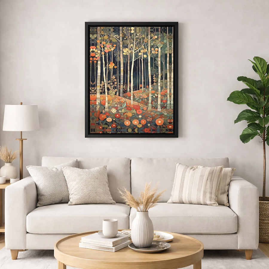 Birch Forest Canvas Wall Art | Art Nouveau Style Wildflower Meadow | Gallery Quality 1.25 inch Depth | Nature Lover Home Decor Gift