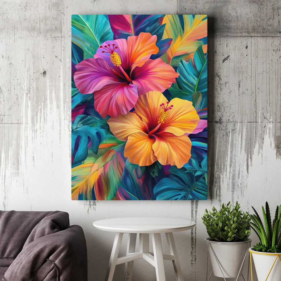 Tropical Hibiscus Flower Canvas Wall Art | Colorful Botanical Floral Print | 1.25-Inch Premium Gallery Wrap | Modern Home Decor Gift