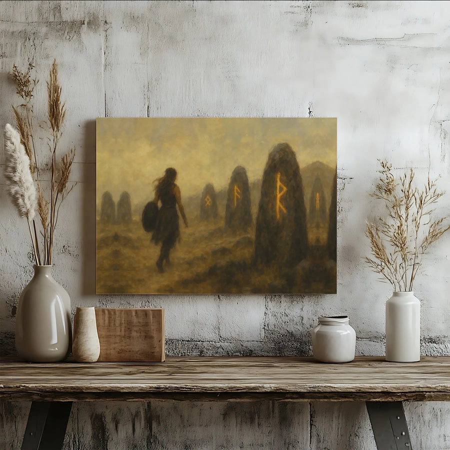 Viking Canvas Wall Art | Shield Maiden Among Glowing Norse Runes | Gallery Wrapped Premium Decor | Historical Fantasy Gift for Myth Lovers