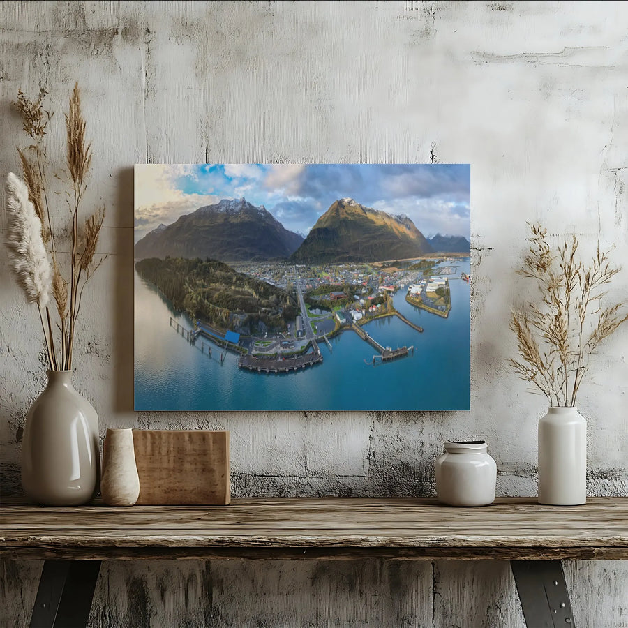 Valdez Alaska Harbor Canvas Print | Panoramic Aerial Mountain Landscape | Premium Gallery Wrap Wall Art | Modern Home & Office Decor Gift