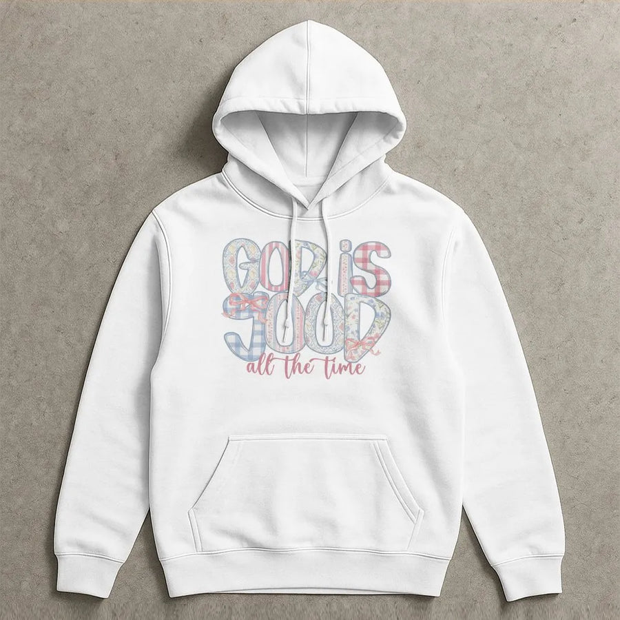 Faith Based Hoodie | God Is Good Pastel Gingham & Floral Graphic | Soft Cotton Tee | Inspirational Christian Gift for Women
