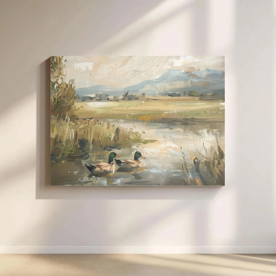 Mallard Ducks Pond Canvas Art | Impressionist Wildlife Landscape Painting | 1.25-Inch Gallery Wrap Print | Nature Lover Home Decor Gift