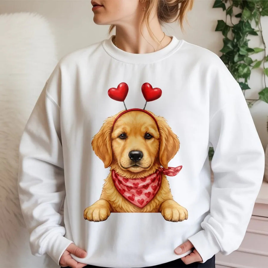 Valentine's Day Golden Retriever Sweatshirt | Cute Heart Headband Puppy Graphic | Premium Cotton Blend | Gift for Dog Mom and Pet Lovers
