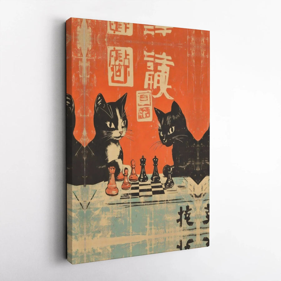 Cat Chess Canvas Wall Art | Vintage Japanese Style Illustration | 1.25 Inch Gallery Wrap Premium Print | Unique Gift for Cat Lovers & Gamers