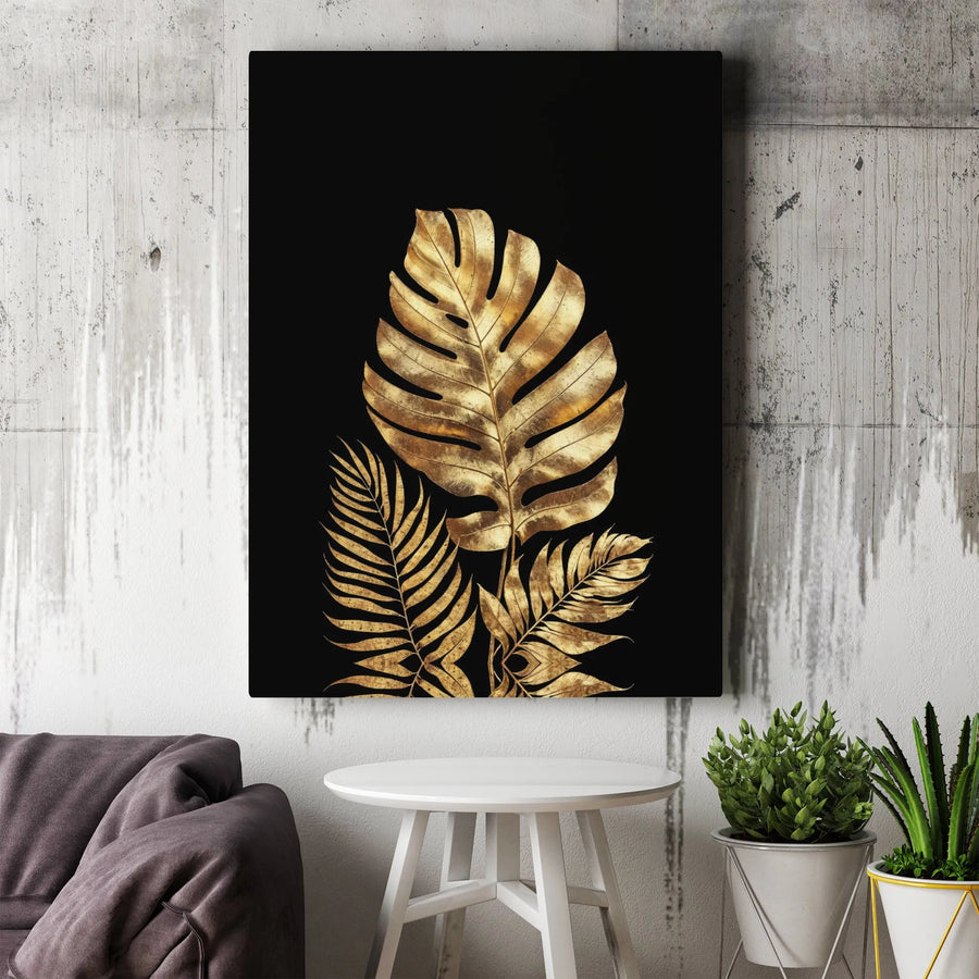 Gold Monstera Palm Leaf Canvas Art | Tropical Botanical Black Wall Decor | Premium Modern Gallery Wrap | Luxurious Living Room Home Gift