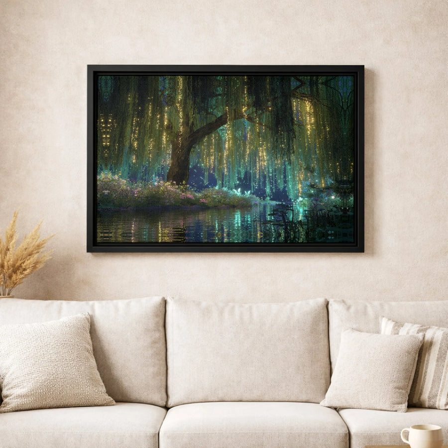 Enchanted Willow Tree Canvas Art | Glowing Fairy Lights Forest Landscape | Premium Gallery-Wrapped Decor | Whimsical Nature Wall Print for Home