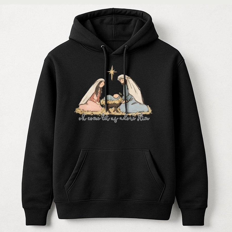Nativity Scene Hoodie | Oh Come Let Us Adore Him Graphic | Premium Cotton Blend Sweatshirt | Christian Christmas Gift for Women and Men