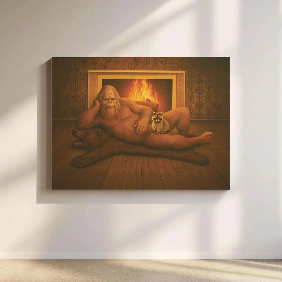Bigfoot Canvas Wall Art | Humorous Sasquatch Fireside Portrait | Premium Gallery-Wrap Print | Funny Man Cave Decor Gift