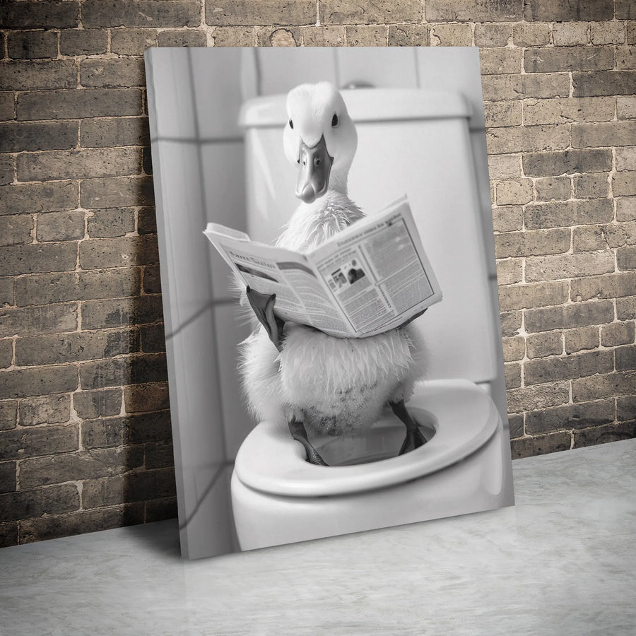 Funny Duck Reading Newspaper Canvas | Bathroom Humor Wall Art | Premium Gallery Wrap Print | Whimsical Farmhouse Decor for Restroom