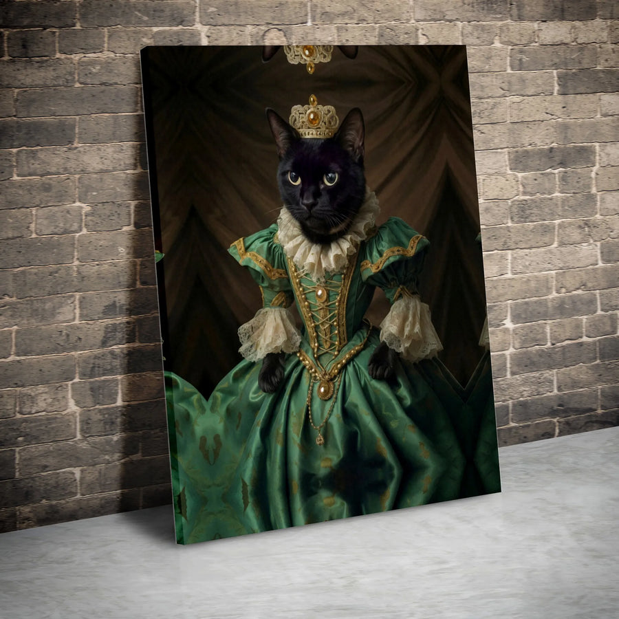 Black Cat Queen Canvas Wall Art | Royal Victorian Green Gown Portrait | Premium Gallery Wrapped Decor | Unique Gift For Cat Lovers