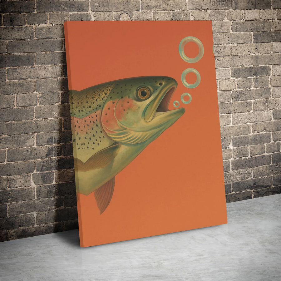 Rainbow Trout Canvas Art | Vintage Fish Illustration with Bubbles | Premium Gallery Wrap Wall Decor | Unique Gift for Fisherman & Anglers