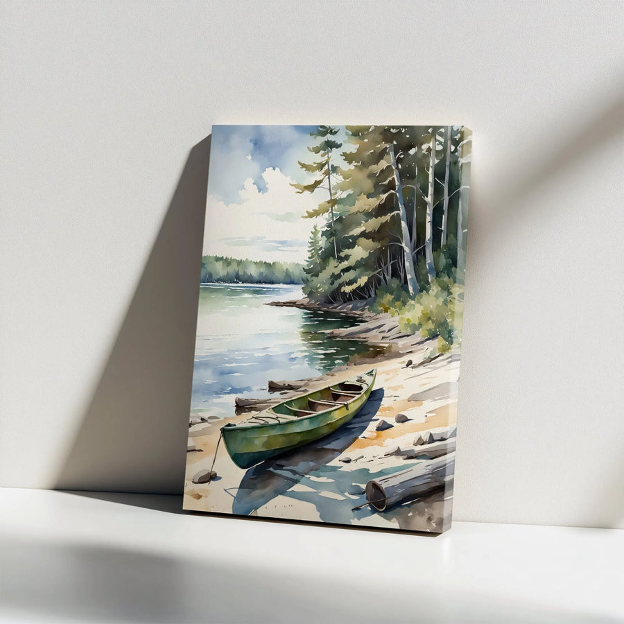 Canoe Lake Canvas Wall Art | Watercolor Landscape Painting | Premium Gallery Wrapped Print | Lake House Cabin Decor Gift for Nature Lover