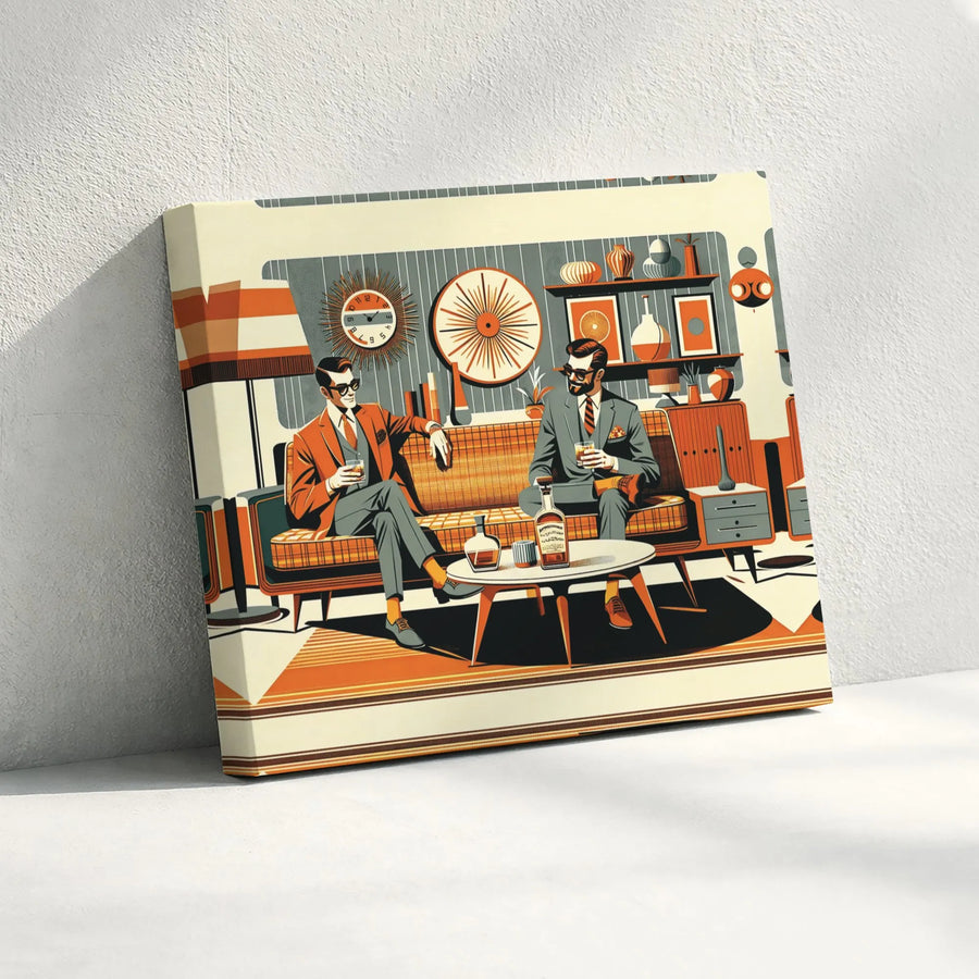 Mid-Century Modern Art Canvas Print | Retro Whiskey Lounge Illustration | Premium 1.25-Inch Gallery Wrap | Sophisticated Home Office Decor
