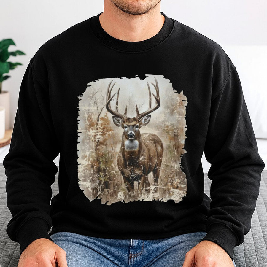 Vintage Deer Sweatshirt | Distressed Buck Wildlife Graphic | Premium Cotton Blend Crewneck | Fall Hunting Gift for Outdoorsmen and Nature Lovers
