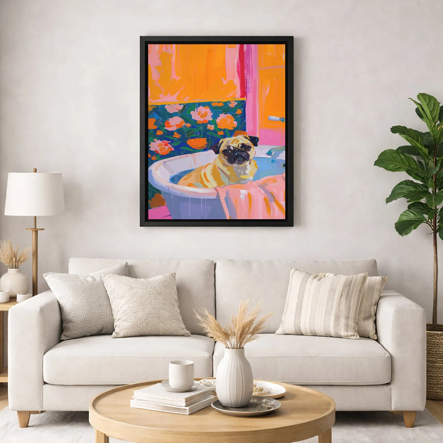 Pug In Bathtub Canvas Art | Colorful Impressionist Dog Portrait | 1.25 Inch Premium Gallery Wrap | Whimsical Animal Home Decor Gift