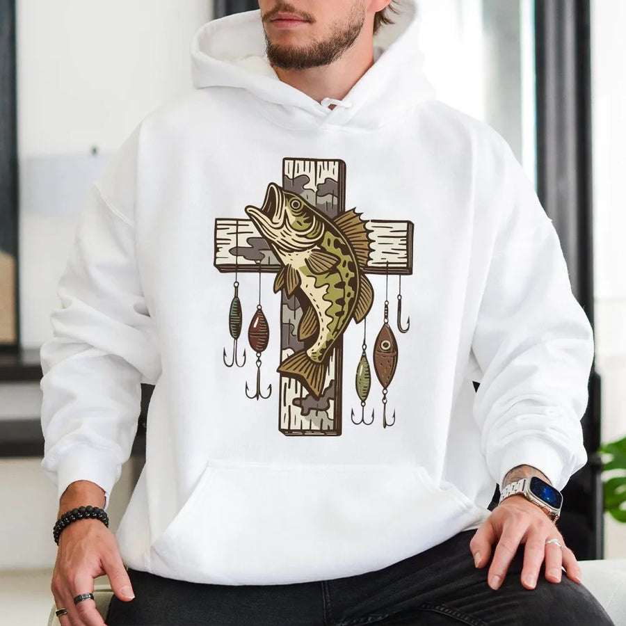 Fishing Cross Hoodie | Bass Fish Graphic with Lures | Premium Cotton Blend | Christian Fisherman Gift for Outdoorsmen