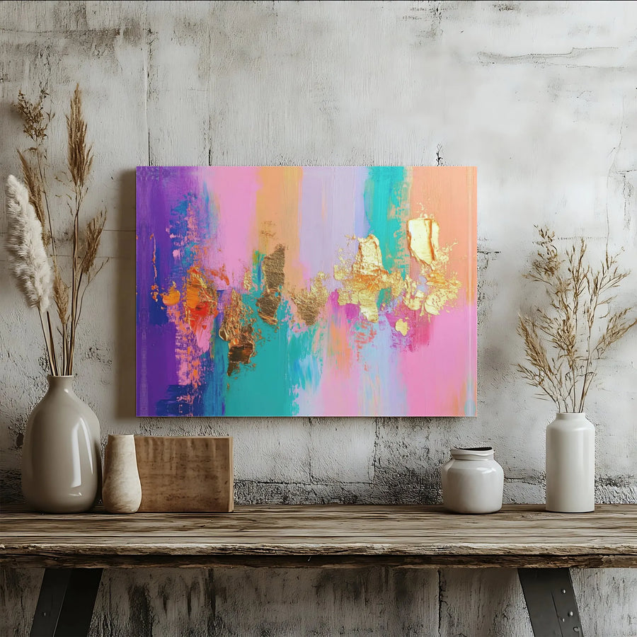 Abstract Canvas Wall Art | Colorful Gold Accent Painting Print | Premium Gallery Wrapped Canvas | Modern Living Room Decor Gift