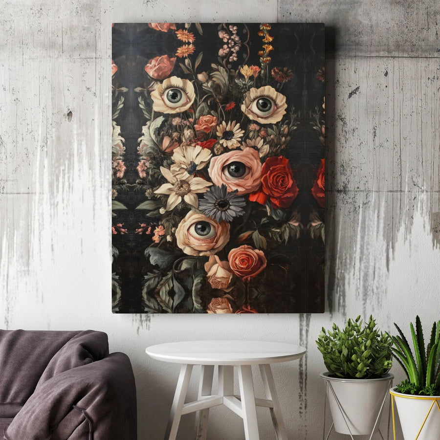 Surreal Dark Floral Wall Art | Gothic Botanical Bouquet With Eyes | Premium Gallery-Wrap Canvas | Moody Home Decor Gift