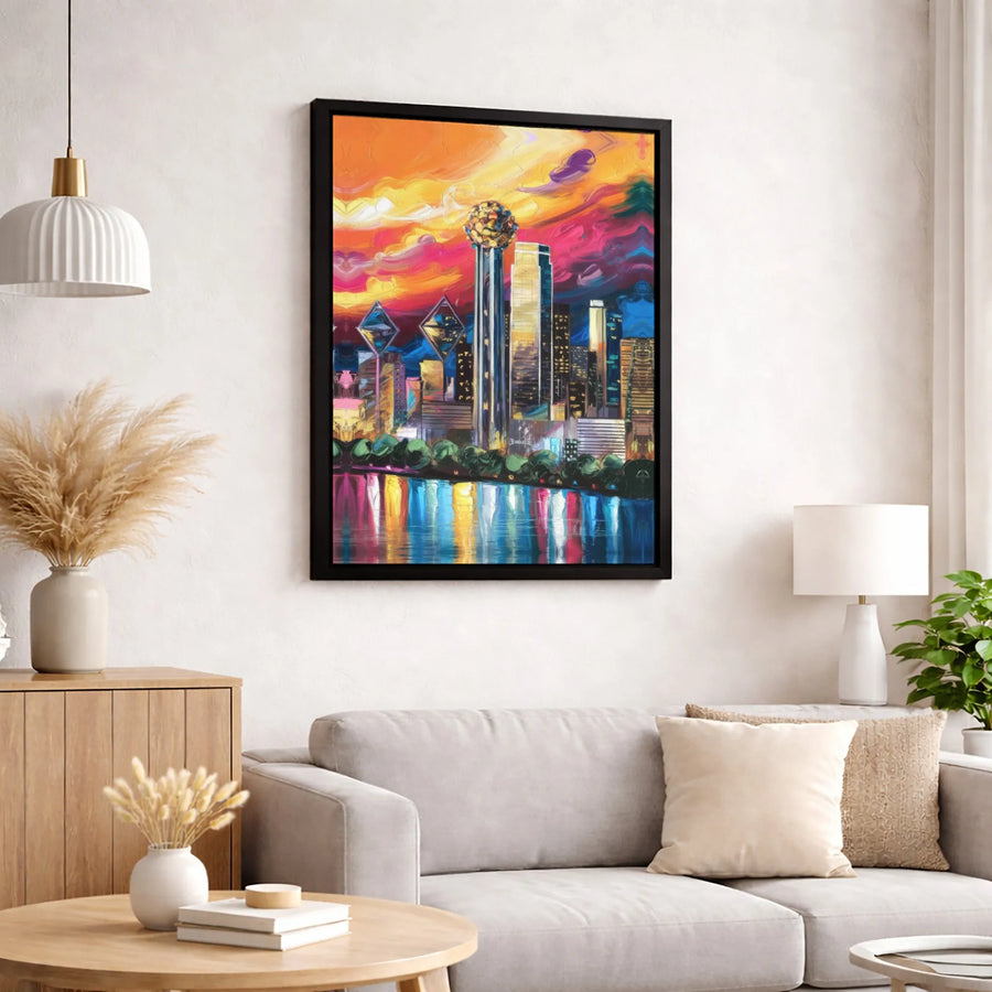 Dallas Skyline Canvas Print | Vibrant Reunion Tower Abstract Art | Gallery Quality 1.25 Inch Thick Profile | Modern Texas City Wall Decor Gift