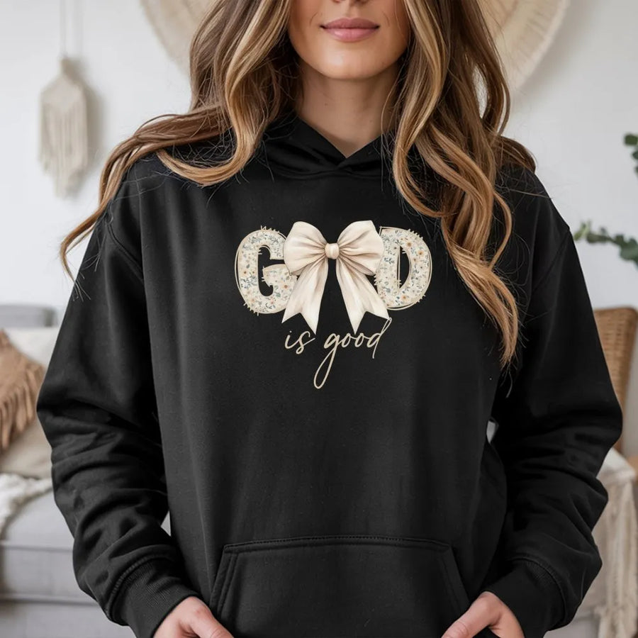 God Is Good Hoodie | Floral Lettering With Elegant Bow Graphic | Premium Soft Cotton Blend | Faith Based Christian Gift For Women & Teens